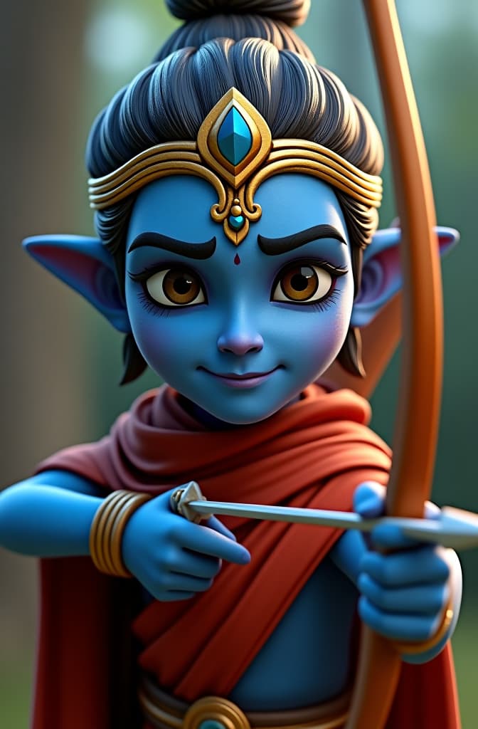  blue skinned lord rama with bow and arrow , disney pixar poster, pixar movie style, animated disney cartoon face, disney face, portrait, cute face, round face, cartoon character, disney character, disney animated movies, disney pixar hyperrealistic, full body, detailed clothing, highly detailed, cinematic lighting, stunningly beautiful, intricate, sharp focus, f/1. 8, 85mm, (centered image composition), (professionally color graded), ((bright soft diffused light)), volumetric fog, trending on instagram, trending on tumblr, HDR 4K, 8K