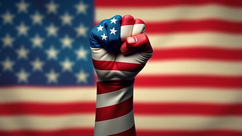  national pride: raised fist wrapped in the american flag, signifying unity, strength, and the importance of voting and civic engagement in elections