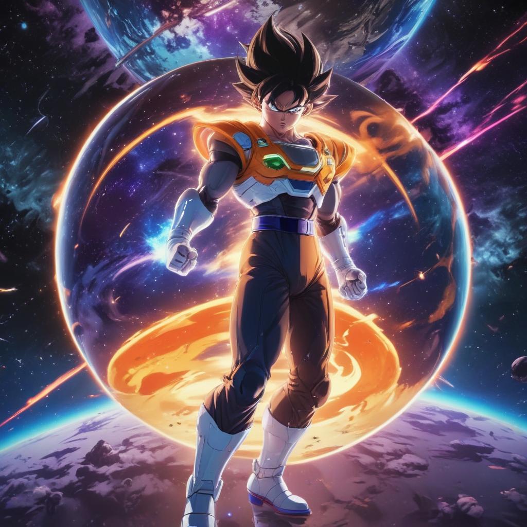 distance-shot, flashy, full-body, dynamic, holographic, animated cartoon poster of space in the style of dragon ball super