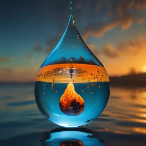 An image of earth within a droplet of fire falling through the air into water in Van Gogh style with Nature background