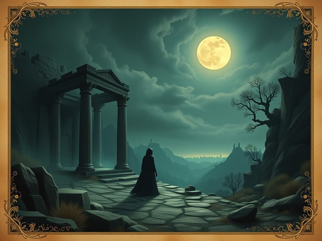  mysterious, shadowy landscape, ancient ruins under moonlight, ethereal glow, ominous atmosphere, suspenseful mood. an illustration in the style of a worn, mystical old tarot trump card, mysterious and elements of surrealism. the colors are muted, somber and eerie, but with contrast bring out an occult and esoteric vibe.