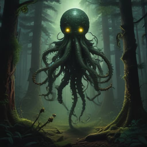 In the depths of the darkest forests on the planet, Forrest emerges as one of the most feared assassins of the Accursed Runka Forest. With its vine-like tentacles and massive fist, it is capable of inflicting great harm. However, its defenses are limited. The earth attribute pulses through its veins, embodying the raw power of nature. The digital art piece showcases Forrest standing tall amidst a dense, shadowy forest, its eyes glowing with an eerie green light as its tentacles reach out menacingly. The intricate details of its plant-like features and the earthy tones of its surroundings capture the essence of this formidable creature. fantastical creatures or characters inspired by mythology, folklore, or popular culture. use vibrant color