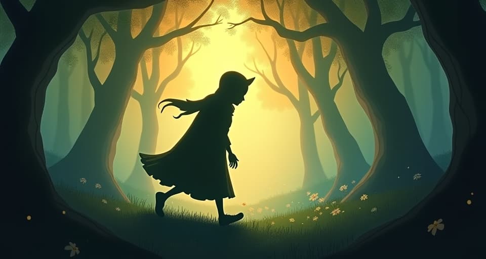  a shadowy character attempting to backtrack, their form fading against a radiant background. enchanted forest, reflective, futile effort.. the style is digital art illustration,highly detailed, whimsical,magical, dreamlike atmosphere, realism and fantasy blend, smooth, glossy textures,luminous quality, wonder and enchantment.