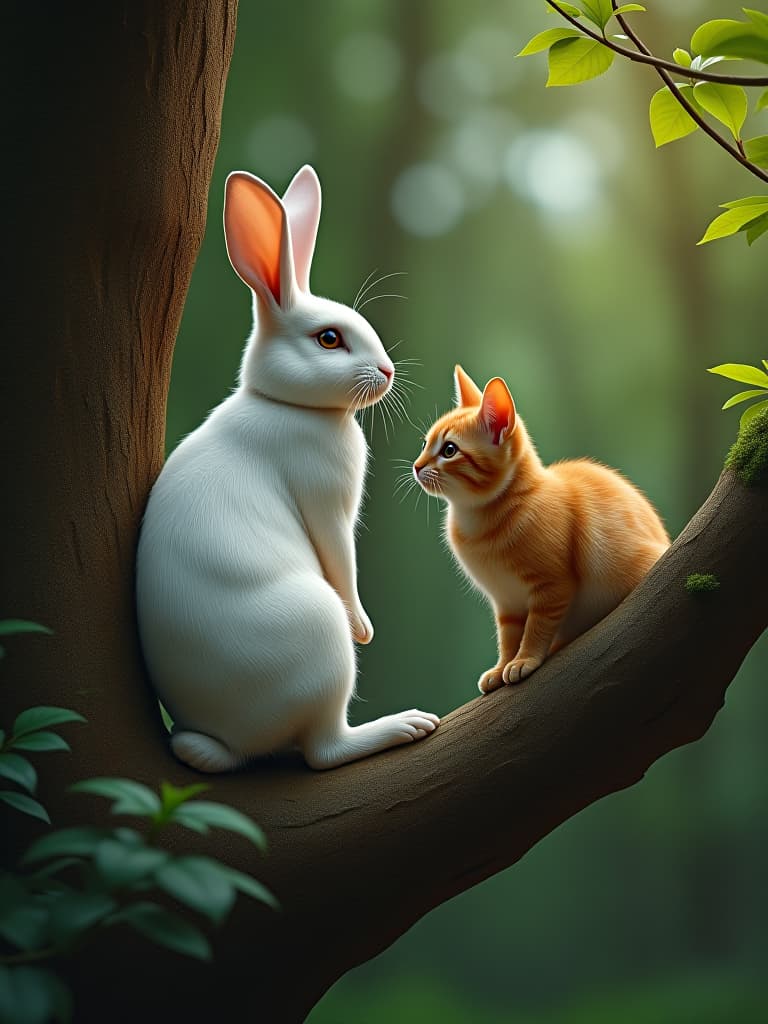  a white rabbit and a orange cat on the tree,forest. photo realistic, highly intricate and detailed, masterpiece, ultra high res,photography,8k resolution