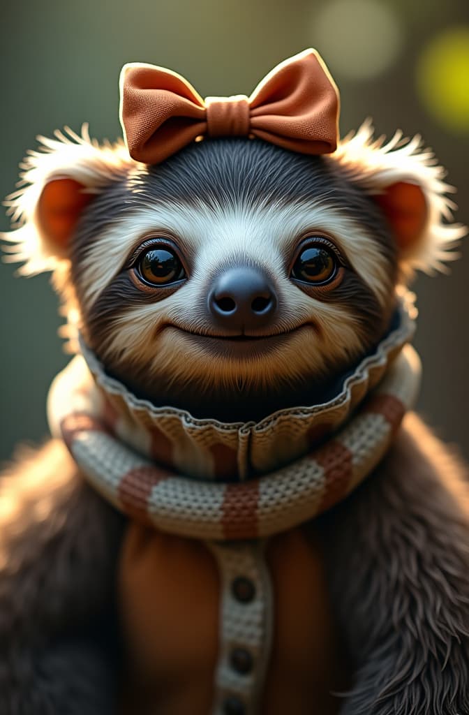  a cute sloth, with bright eyes, smiling, happy, with a bow on her head hyperrealistic, full body, detailed clothing, highly detailed, cinematic lighting, stunningly beautiful, intricate, sharp focus, f/1. 8, 85mm, (centered image composition), (professionally color graded), ((bright soft diffused light)), volumetric fog, trending on instagram, trending on tumblr, HDR 4K, 8K