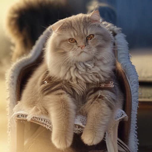 Cat sitting on a chair hyperrealistic, full body, detailed clothing, highly detailed, cinematic lighting, stunningly beautiful, intricate, sharp focus, f/1. 8, 85mm, (centered image composition), (professionally color graded), ((bright soft diffused light)), volumetric fog, trending on instagram, trending on tumblr, HDR 4K, 8K