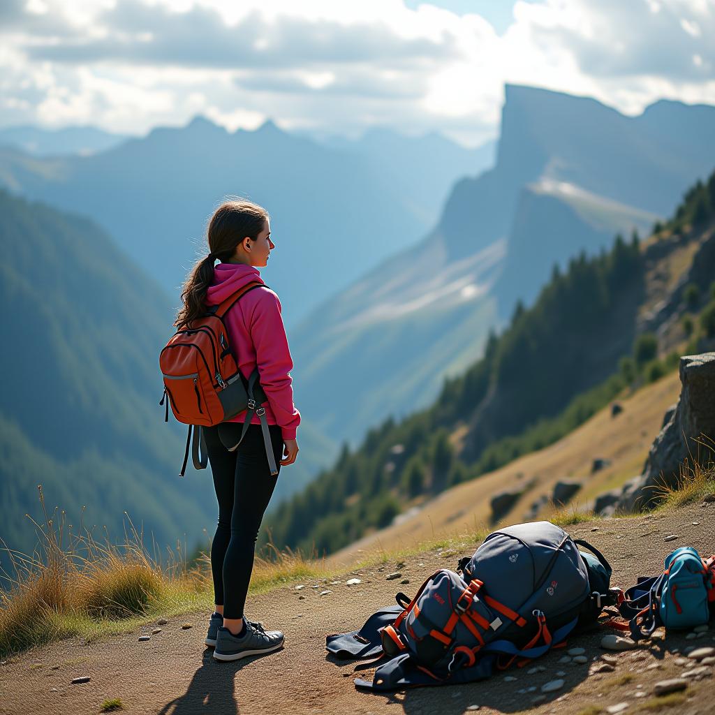  a girl is standing at the foot of a mountain, next to her lies rock climbing gear.