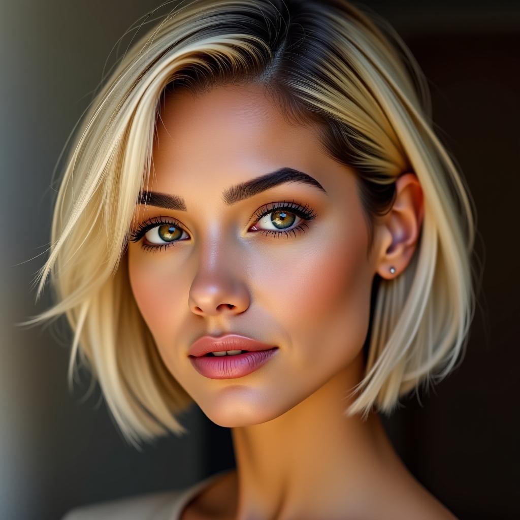  make an image of a mexican woman with short blonde bob with brown eyes