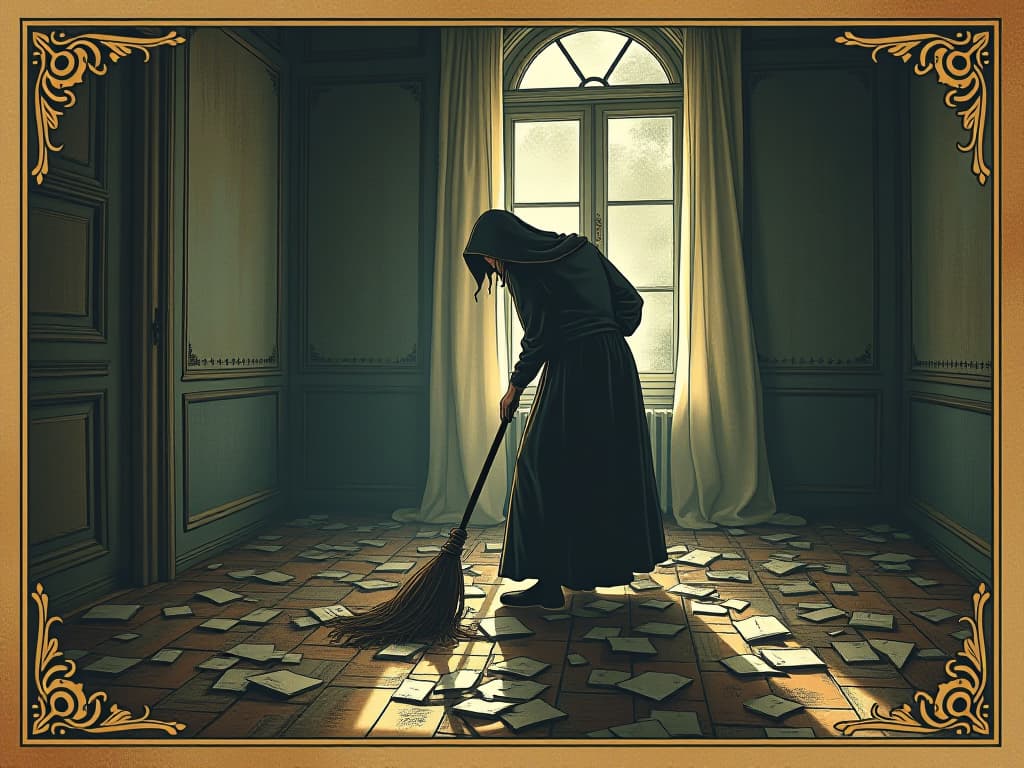  person sweeping away debris, room being cleared, sense of liberation, fresh start, bright and airy feel. an illustration in the style of a worn, mystical old tarot trump card, mysterious and elements of surrealism. the colors are muted, somber and eerie, but with contrast bring out an occult and esoteric vibe.