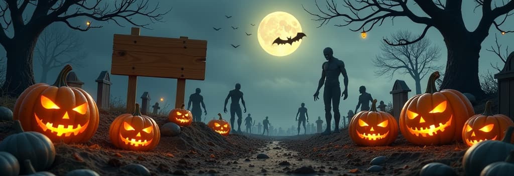  halloween card party pumpkins and zombies in graveyard with wooden board ar 3:1 {prompt}, maximum details