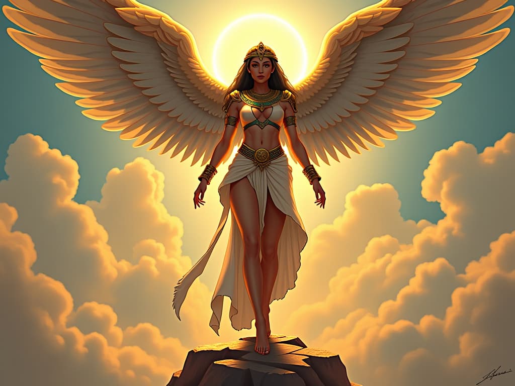  a large busted angel in celestial armor, wings unfurled, standing atop a luminous cloud, her presence radiating a divine aura, symbolizing an angel in disguise. the style is digital art illustration / modern comic book / mysterious occult, symbolic, esoteric vibe,high detail on character design, incorporating ancient egyptian symbology and attire.