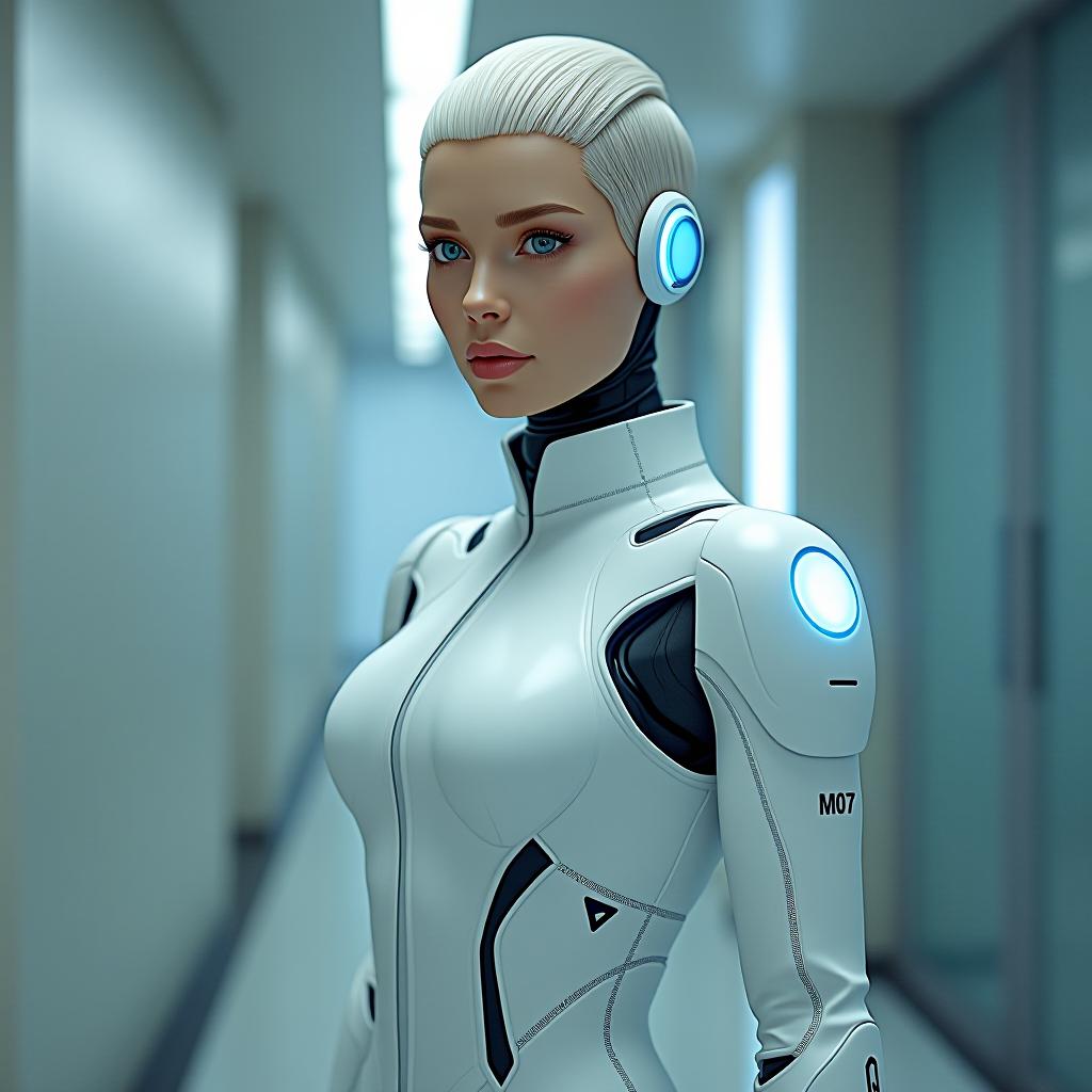  the android is human, she is short and thin, she is wearing a clic all white suit, her hair is short, her hairstyle is square and ashen, her eyes are light gray. the has a round glowing blue diode on her left temple, and a blue luminous bandage on the arm of the suit on her right hand. a blue triangle is sewn on the of the suit, and the android model is written on the bottom in black thin font in m07. on a light background in the office hyperrealistic, full body, detailed clothing, highly detailed, cinematic lighting, stunningly beautiful, intricate, sharp focus, f/1. 8, 85mm, (centered image composition), (professionally color graded), ((bright soft diffused light)), volumetric fog, trending on instagram, trending on tumblr, HDR 4K, 8K