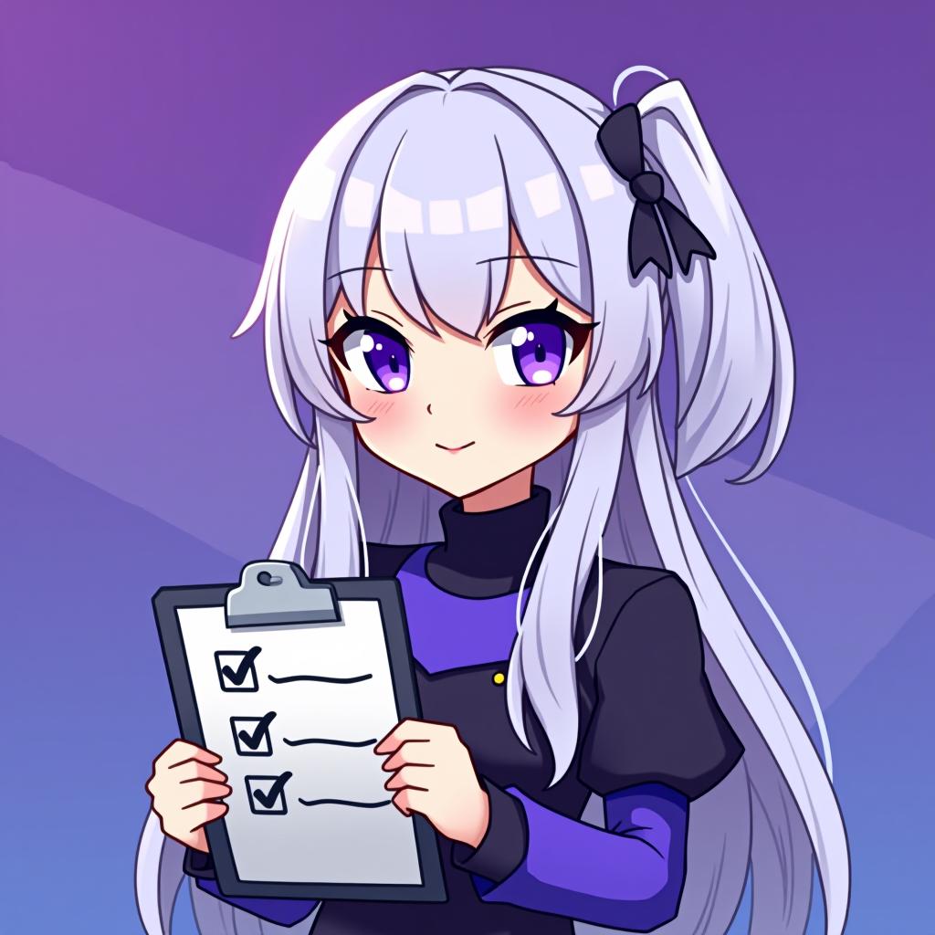  good quality, high quality, a profile picture for a telegram group management bot featuring emilia from re:zero. emilia is depicted with her silver hair and purple eyes, holding a stylized clipboard with a checklist. the background is a soft gradient of purple and blue, symbolizing efficiency and organization.