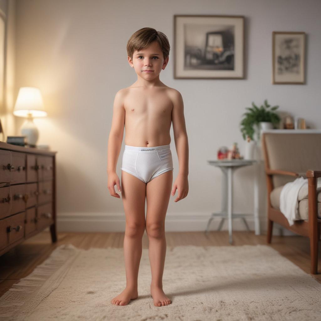 ((masterpiece)),(((best quality))), 8k, high detailed, ultra detailed, A 10 year old boy wearing 1980s white briefs in a room, boy, ((white briefs from the 1980s)), room, vintage decor, toys on the floor hyperrealistic, full body, detailed clothing, highly detailed, cinematic lighting, stunningly beautiful, intricate, sharp focus, f/1. 8, 85mm, (centered image composition), (professionally color graded), ((bright soft diffused light)), volumetric fog, trending on instagram, trending on tumblr, HDR 4K, 8K