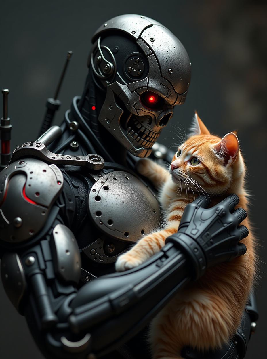  terminator t 800 is holding a cat in his arms, high quality, high details, hd, perfect composition, 4k epic detailed, highly detailed, sharp focus, high resolution