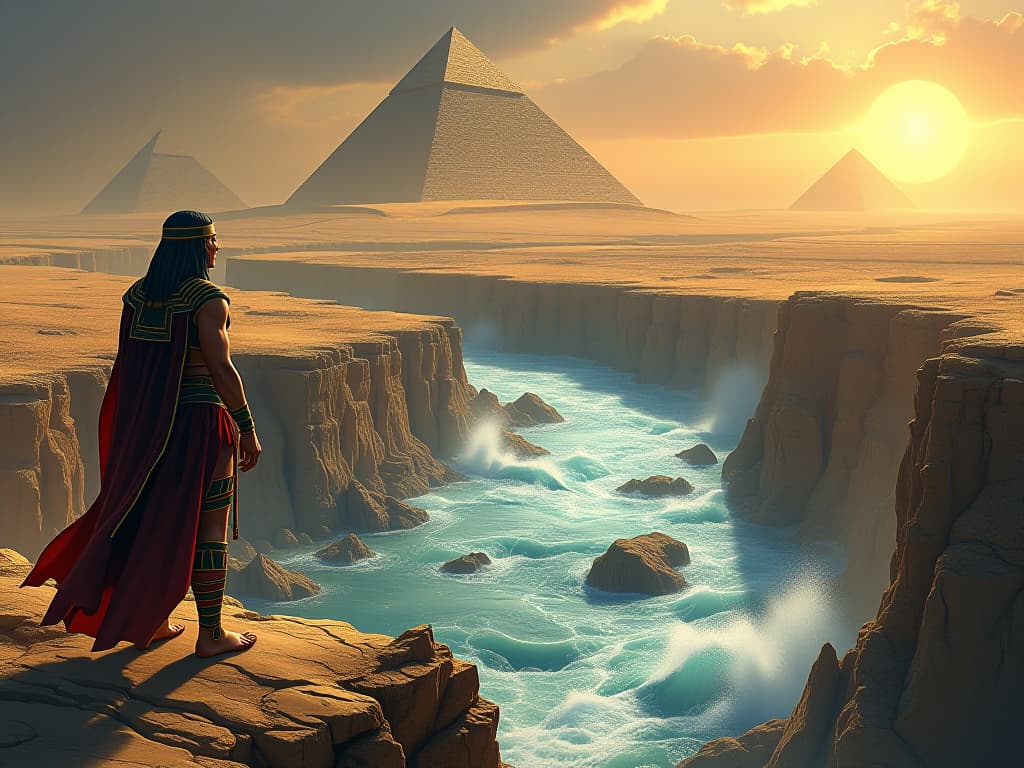  raging river cutting through barren land, suddenly transforming it into fertile terrain, symbolizing dynamic global market. the style is digital art illustration / modern comic book / mysterious occult, symbolic, esoteric vibe,high detail on character design, incorporating ancient egyptian symbology and attire.