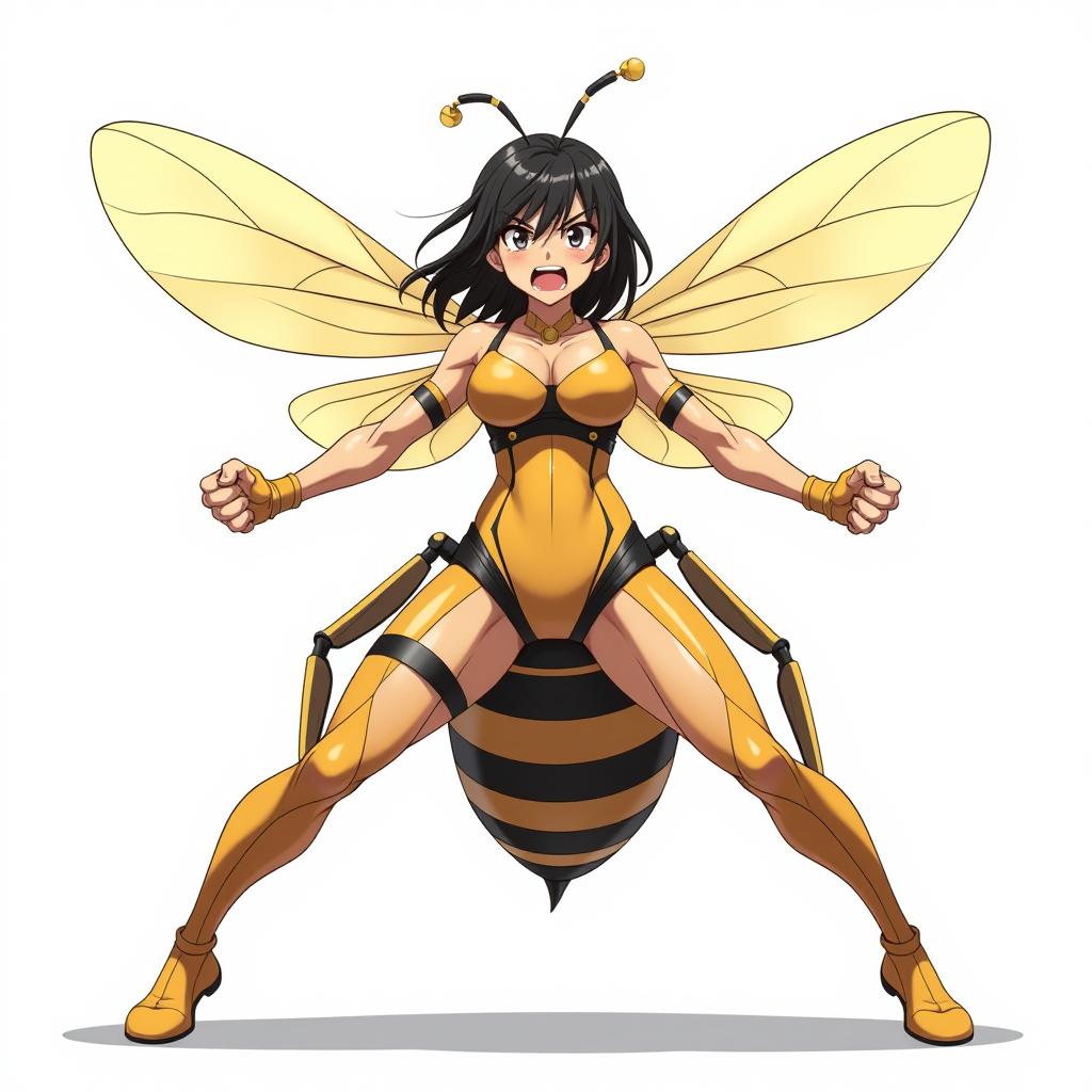  a fierce woman transformed into a bee stands on a stark white background. her insect like bee tail extends outward, while her legs are raised in a dynamic pose. she features outstretched arms with balled fists, exuding an aura of anger and determination. her serious eyes glare forward, and her mouth is open in a fierce expression, showcasing her intense emotions. the scene captures a vibrant anime style, highlighting the contrast between her human features and the bee elements.