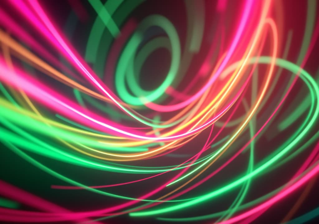  abstract swirling neon lights in pink, green, and yellow