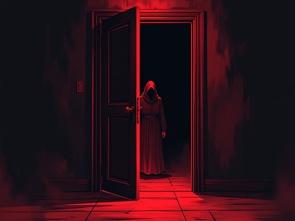  mysterious red door, ajar, shadowy interior, sense of foreboding. the style is digital art illustration / modern comic book / graphic dark novel fantasy and mysterious occult, symbolic, moody lighting, esoteric vibe,high detail on character design. for the color scheme emphasize blacks and reds.