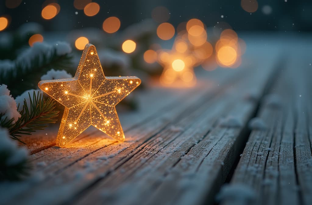  professional detailed photography, golden christmas stars on snowy wooden backdrop ar 3:2, (muted colors, dim colors, soothing tones), (vsco:0.3)