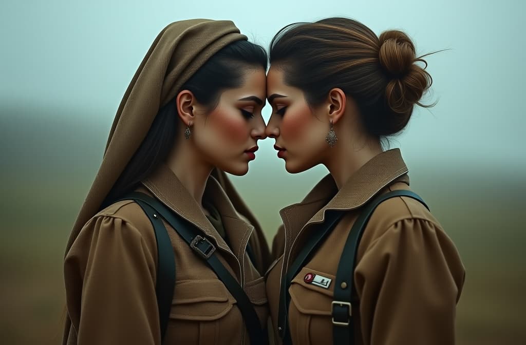  dos mujeres en medio de la guerra enamoradas y separadas por la misma la guerra nasi hyperrealistic, full body, detailed clothing, highly detailed, cinematic lighting, stunningly beautiful, intricate, sharp focus, f/1. 8, 85mm, (centered image composition), (professionally color graded), ((bright soft diffused light)), volumetric fog, trending on instagram, trending on tumblr, HDR 4K, 8K