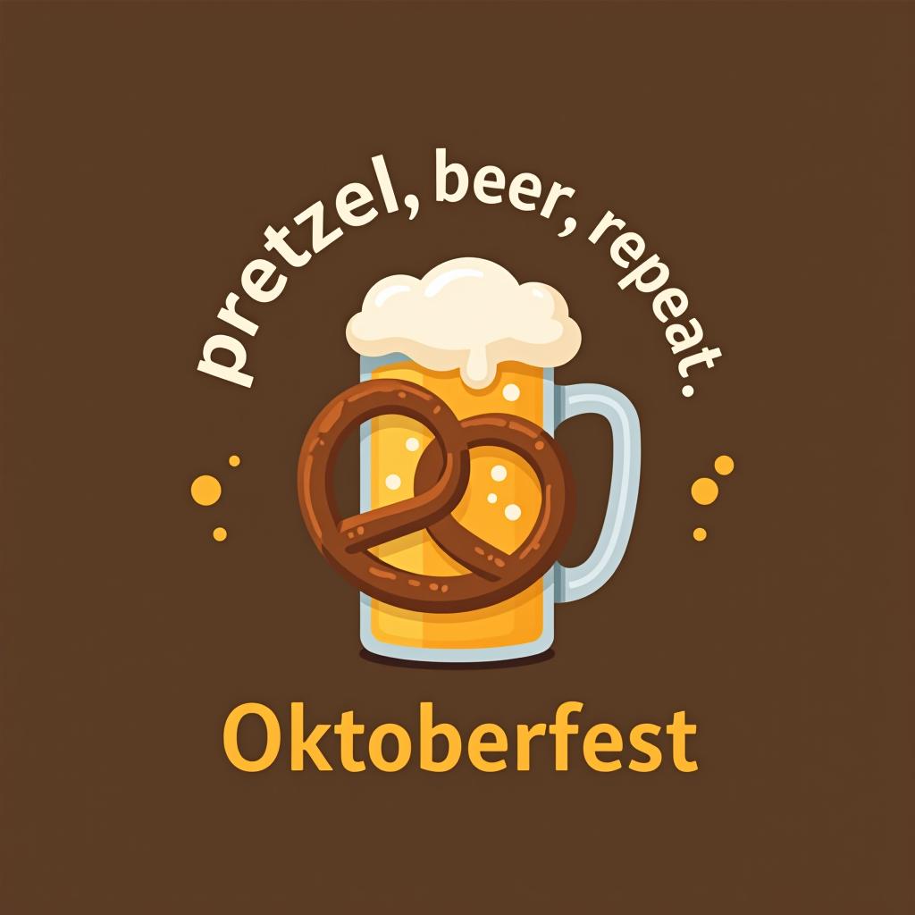  clean design with 'pretzel, beer, repeat.' in a circle around a pretzel and beer mug with subtle beer bubbles. place the word oktoberfest at the bottom of the image