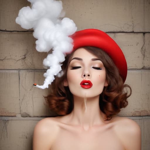 Red lips blowing cigarette smoke in Cartoon style with Old Wall background