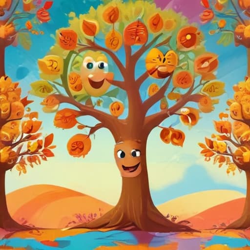 A happy tree with smiling leaves against a backdrop of abstract, vibrant colors. in Cartoon style