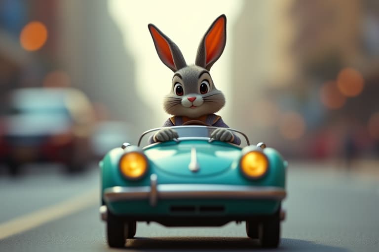  bugs bunny in a toy car, zooming through a busy street (masterpiece, award winning artwork) many details, extreme detailed, full of details, wide range of colors, high dynamic,in frame,clear road , 8k hyperrealistic, full body, detailed clothing, highly detailed, cinematic lighting, stunningly beautiful, intricate, sharp focus, f/1. 8, 85mm, (centered image composition), (professionally color graded), ((bright soft diffused light)), volumetric fog, trending on instagram, trending on tumblr, HDR 4K, 8K