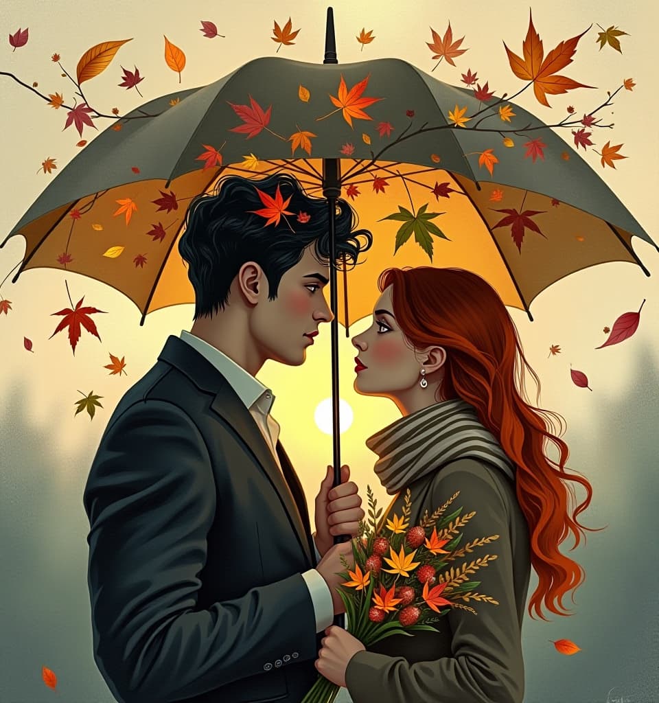  monochrome (oil painting, multi layered exposure:1.4), depicting (two lovers under an umbrella:1.3) with a surreal image of green, yellow, purple, orange maple leaves on the background of an umbrella by (layering of the composition:1.5). swirled (swirl of autumn leaves:1.4). in the hand of a refined, modest girl with an elegant figure (an original bouquet of maple leaves:1.5) and twigs (with clusters of ripe mountain ash:1.5). (a handsome young man gently holds an umbrella:1.6) over a confused attractive companion with long red hair. cozy warm striped (scarf). (background of the composition: sky, rising sun:1.6). a lively illustration with bright accents of autumn, shows the warmth and beauty of autumn with its bright colors and intricate d