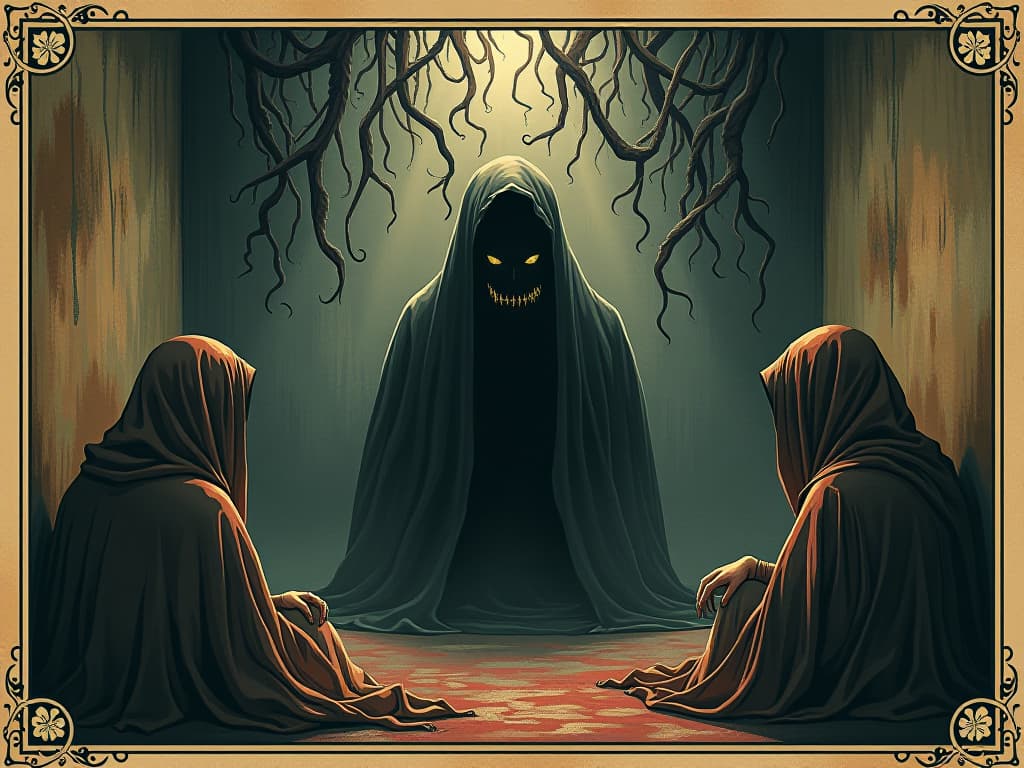  objects whispering negativity, dark tendrils of energy, shadows cast long, room steeped in tension. an illustration in the style of a worn, mystical old tarot trump card, mysterious and elements of surrealism. the colors are muted, somber and eerie, but with contrast bring out an occult and esoteric vibe.