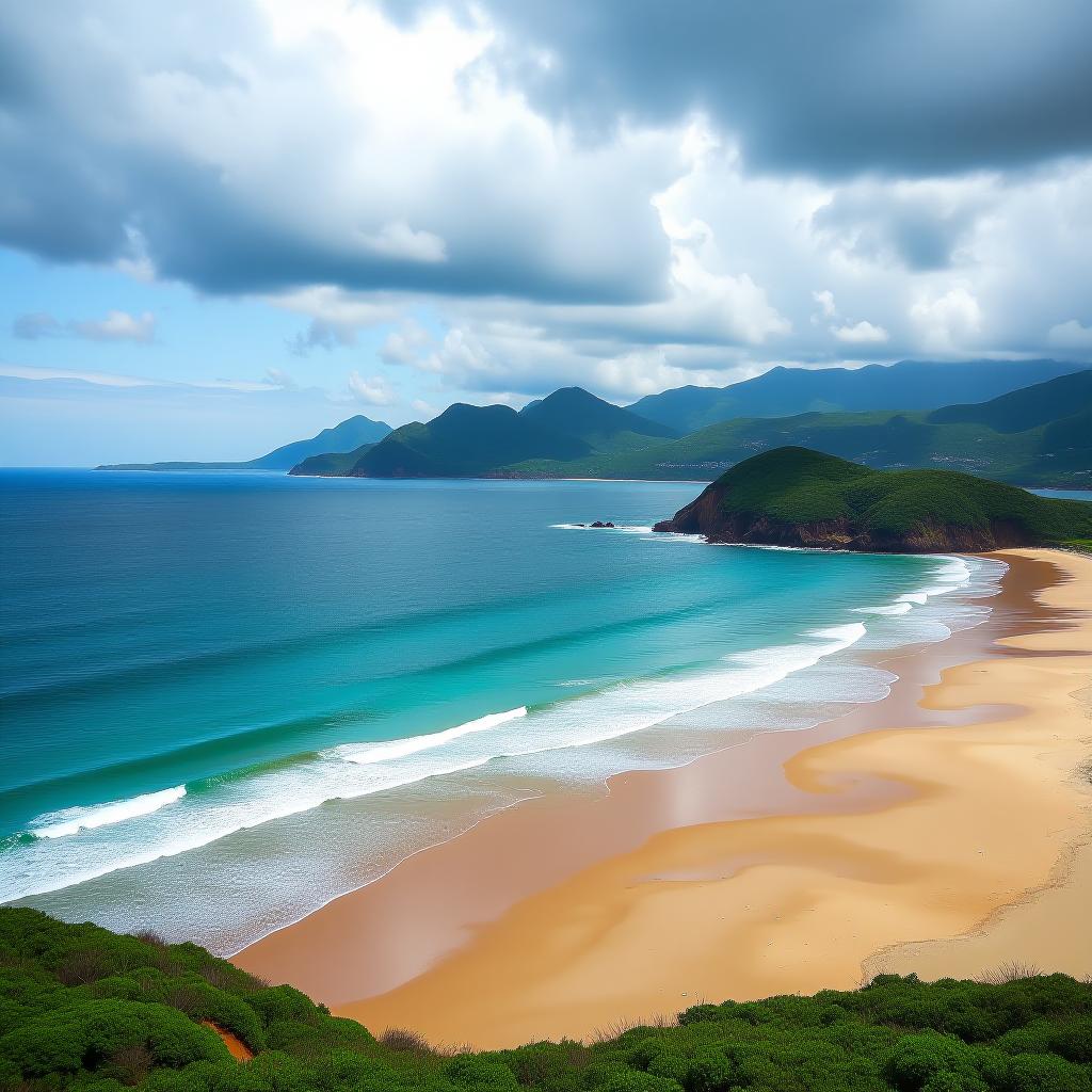  a scenic view of a vast ocean, sandy beach, distant island, lush mountains, and cloudy sky, ocean, beach, island