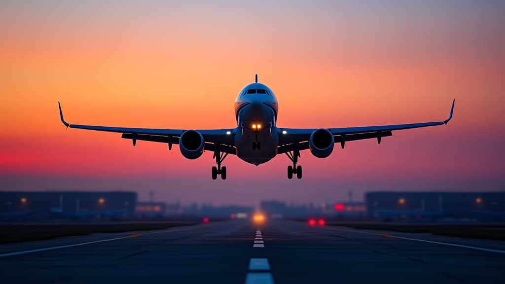  airplane departure from the ground, flying up in the air on an airport during the evening or night, front view photography. commercial aircraft flight transport, takeoff or landing