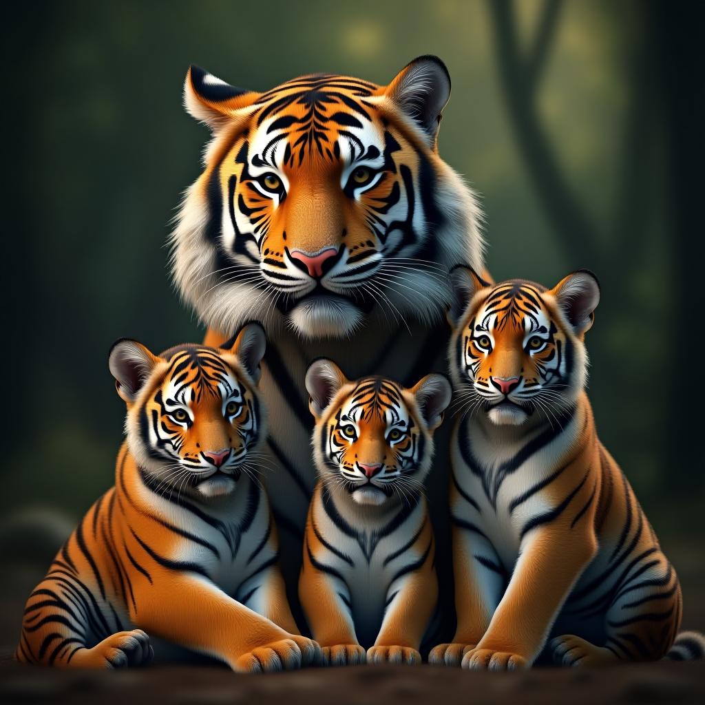  a family consisting of a male tiger, a female tigress, and two tiger cubs one older and one younger. in the picture, it is evident that they love and care for each other. hyperrealistic, full body, detailed clothing, highly detailed, cinematic lighting, stunningly beautiful, intricate, sharp focus, f/1. 8, 85mm, (centered image composition), (professionally color graded), ((bright soft diffused light)), volumetric fog, trending on instagram, trending on tumblr, HDR 4K, 8K