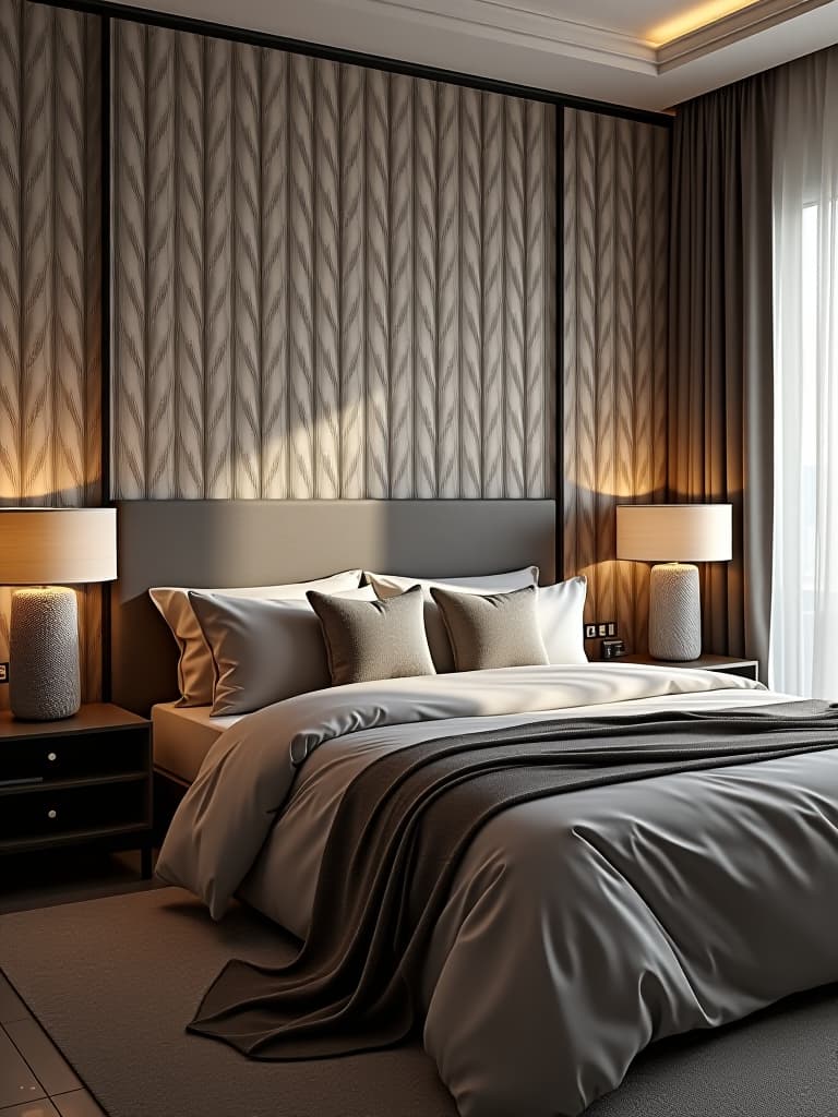  high quality portrait photo of a modern bedroom with a feature wall using peel and stick wallpaper in a geometric pattern hyperrealistic, full body, detailed clothing, highly detailed, cinematic lighting, stunningly beautiful, intricate, sharp focus, f/1. 8, 85mm, (centered image composition), (professionally color graded), ((bright soft diffused light)), volumetric fog, trending on instagram, trending on tumblr, HDR 4K, 8K