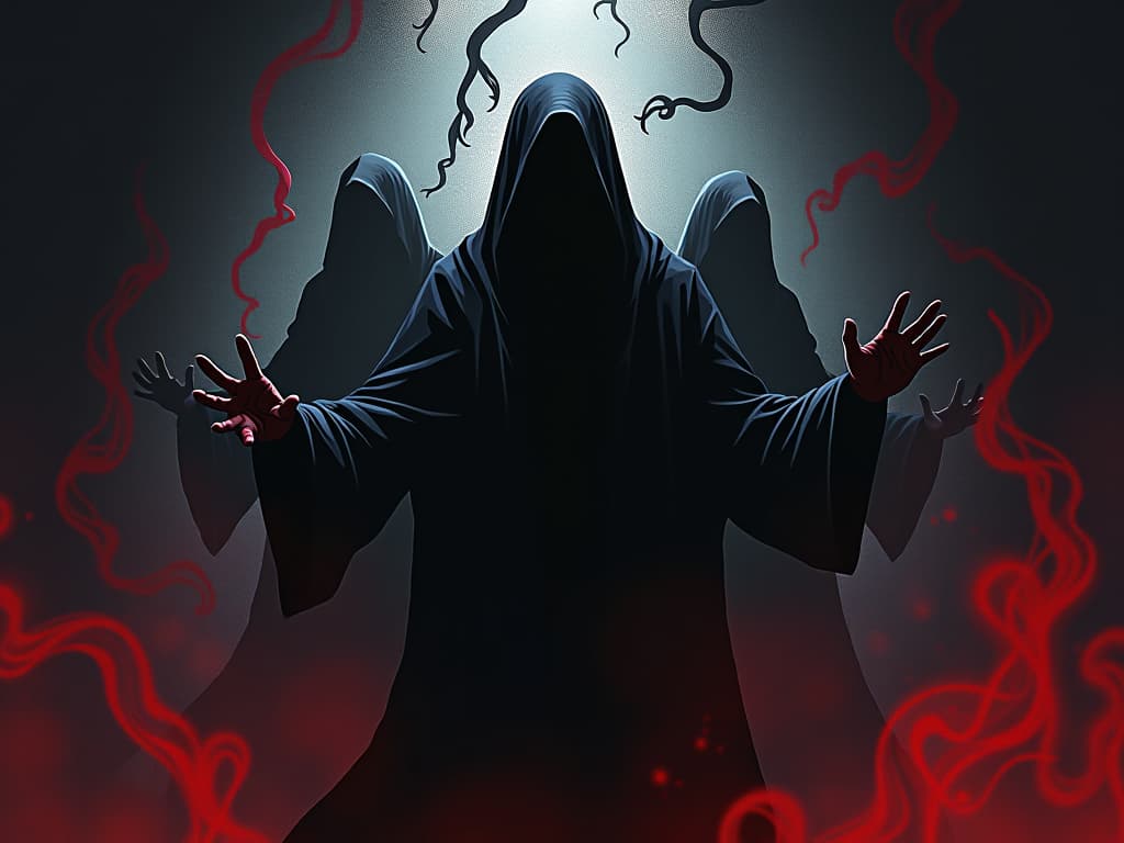  shadowy figures lurking, hands outstretched, dark tendrils reaching forward, feeling of being ensnared by unseen forces. the style is digital art illustration / modern comic book / graphic dark novel fantasy and mysterious occult, symbolic, moody lighting, esoteric vibe,high detail on character design. for the color scheme emphasize blacks and reds.