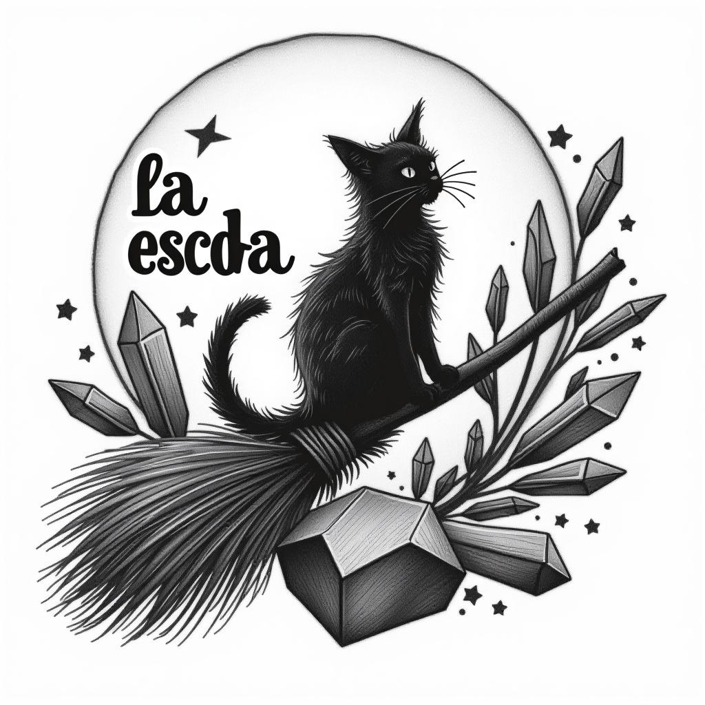  design a logo, in a pencil style. witchy, cat silhouette on broom, crystals, moon , with the text 'la escoba '.