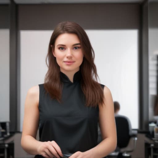 An image of a focused female hairdresser wearing a professional black apron looking at the camera in a modern (((hair salon))) applying color treatment to a client's hair, soft studio lighting, detailed, realistic.