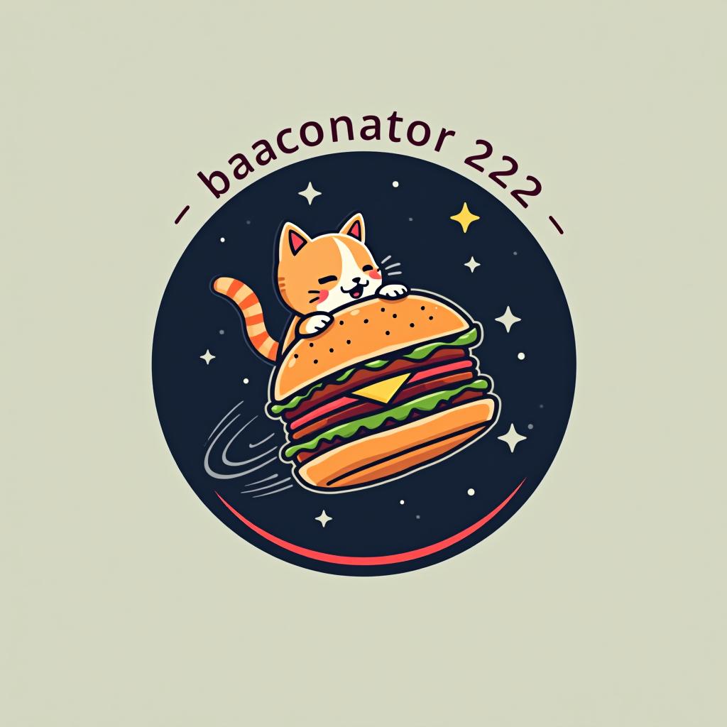  design a logo, a cat on a burger flying through space, with the text 'baconator420'.