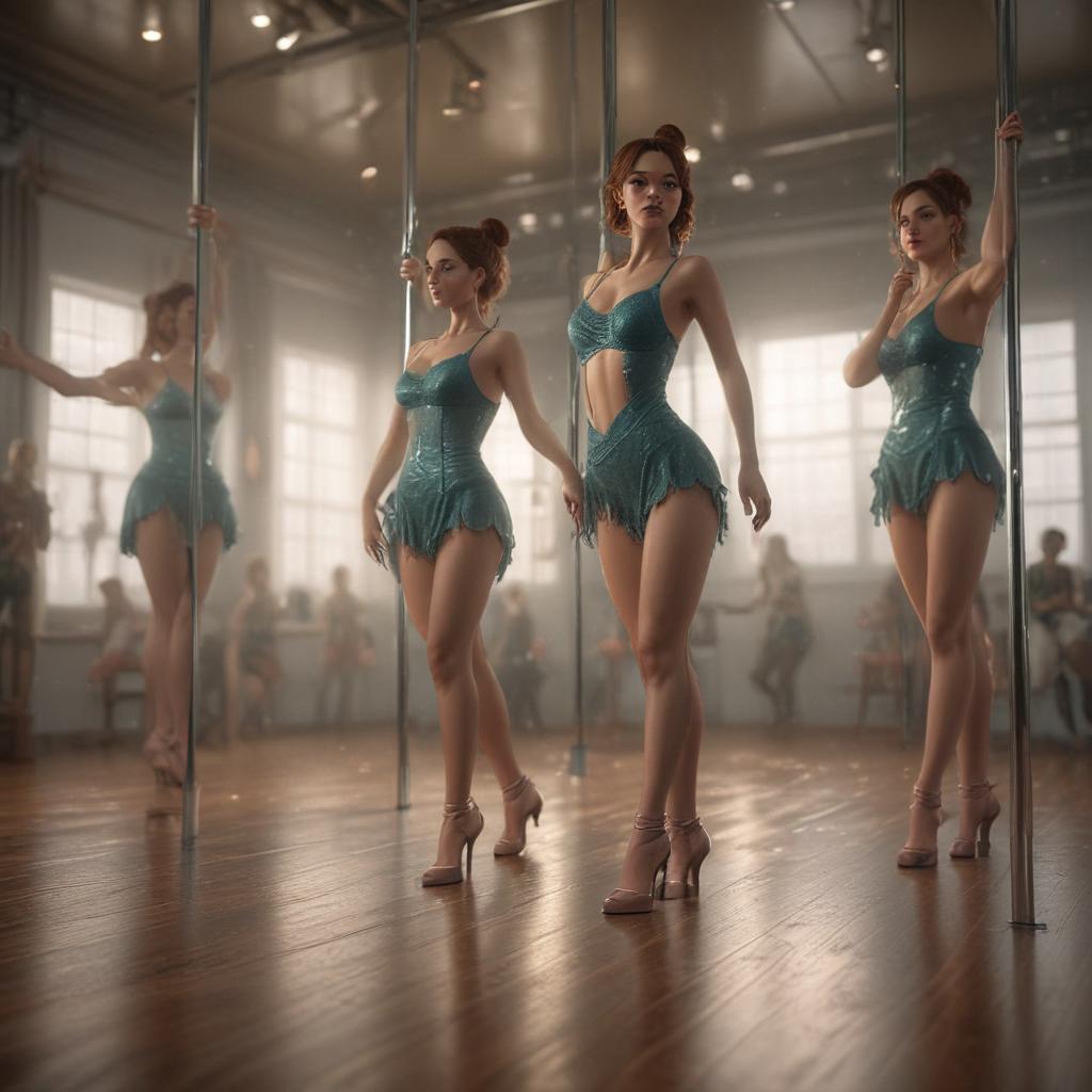 ((masterpiece)),(((best quality))), 8k, high detailed, ultra detailed,A group of animated characters practicing pole dancing in a studio, mirrors reflecting their movements, (instructor guiding), focused expressions hyperrealistic, full body, detailed clothing, highly detailed, cinematic lighting, stunningly beautiful, intricate, sharp focus, f/1. 8, 85mm, (centered image composition), (professionally color graded), ((bright soft diffused light)), volumetric fog, trending on instagram, trending on tumblr, HDR 4K, 8K