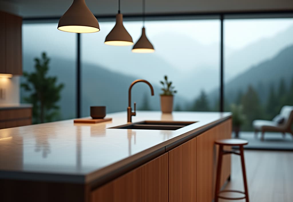  a landscape photo of a contemporary kitchen countertop with sleek, affordable materials like quartz or butcher block, styled with minimalist accessories hyperrealistic, full body, detailed clothing, highly detailed, cinematic lighting, stunningly beautiful, intricate, sharp focus, f/1. 8, 85mm, (centered image composition), (professionally color graded), ((bright soft diffused light)), volumetric fog, trending on instagram, trending on tumblr, HDR 4K, 8K