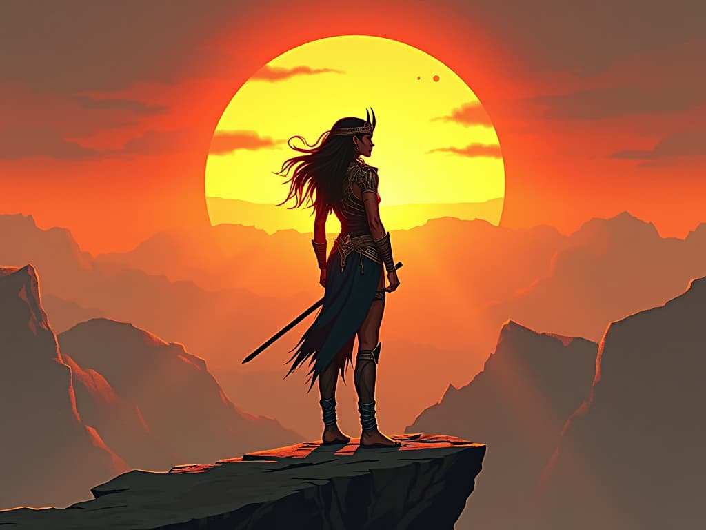  warrior goddess in leather armor, standing on a cliff edge, facing a rising sun, symbolizing change as an ally. the style is digital art illustration / modern comic book / mysterious occult, symbolic, esoteric vibe,high detail on character design, incorporating ancient egyptian symbology and attire.