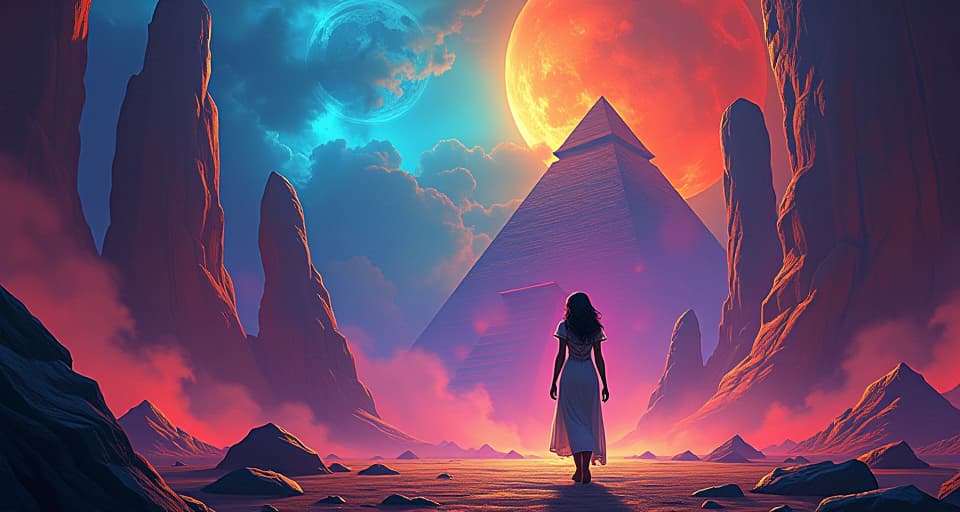  a vivid dreamscape, bright colors, fantasy elements, vivid details, surreal atmosphere. the style is digital art illustration / modern comic book / mysterious occult, symbolic, esoteric vibe,high detail on character design, incorporating ancient egyptian symbology and attire.