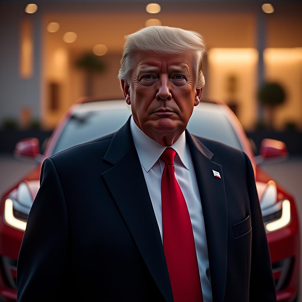  donald trump with a tesla in background hyperrealistic, full body, detailed clothing, highly detailed, cinematic lighting, stunningly beautiful, intricate, sharp focus, f/1. 8, 85mm, (centered image composition), (professionally color graded), ((bright soft diffused light)), volumetric fog, trending on instagram, trending on tumblr, HDR 4K, 8K