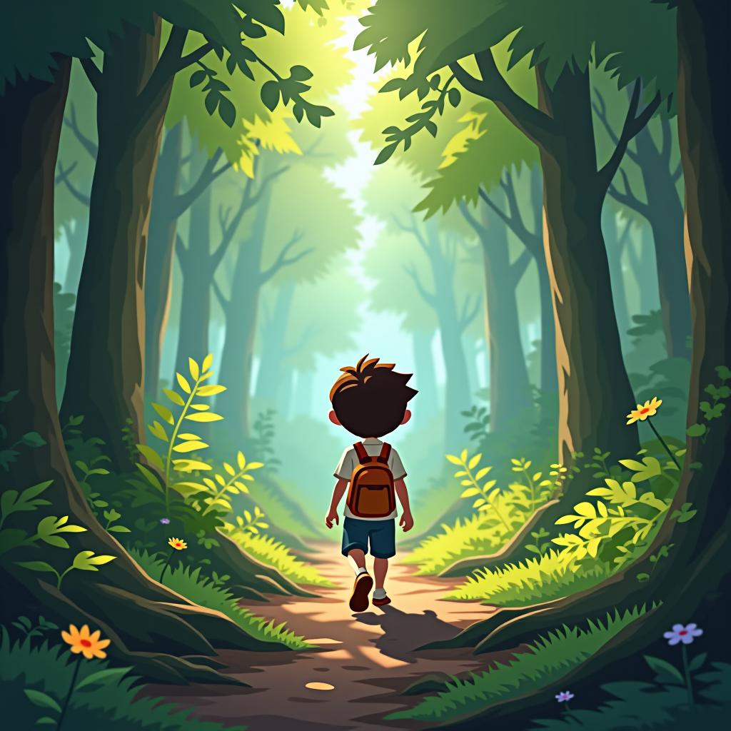  a cartoon character walking in a fantasy forrest, professional illustration, (4k, best quality, masterpiece:1.2), ultrahigh res, highly detailed, sharp focus, (perfect image composition)