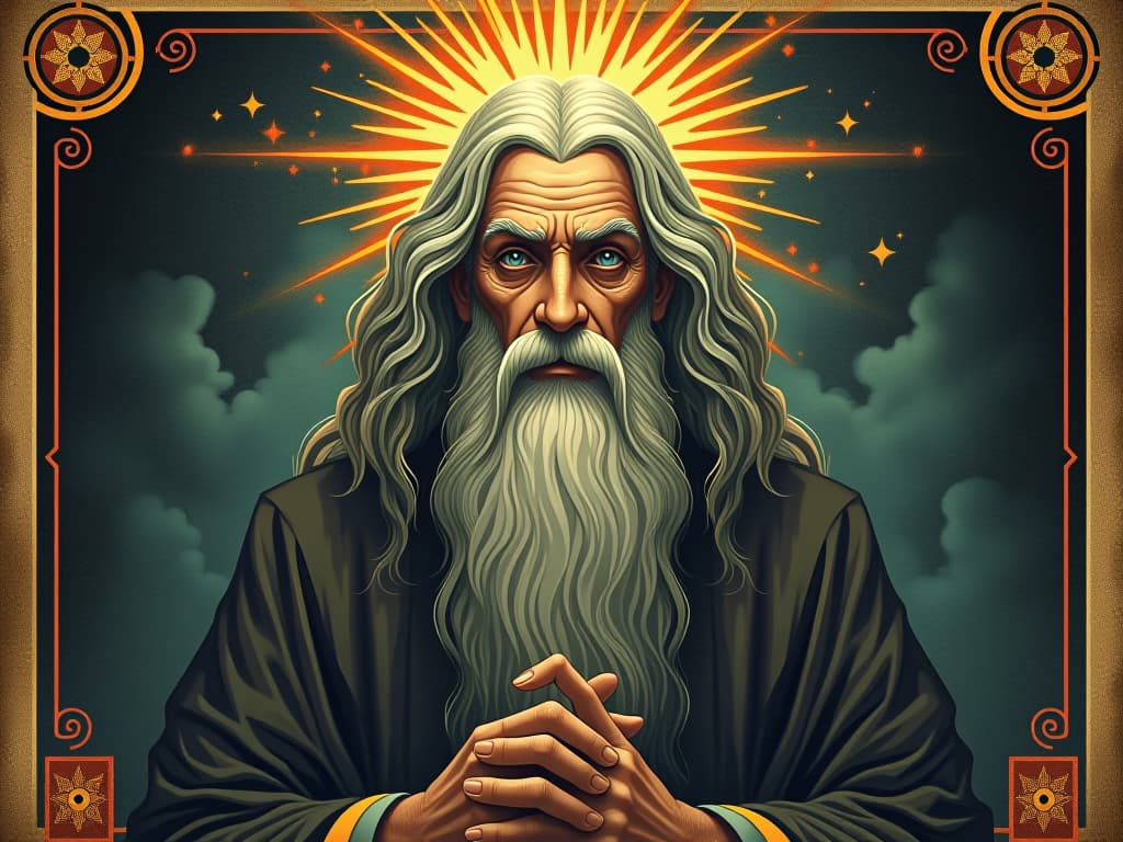  a wise, ancient teacher with deep set eyes and a long flowing beard, teacher surrounded by ethereal light and symbols of knowledge, atmosphere of profound wisdom and enlightenment, mystical, radiant, insightful. an illustration in the style of a worn, mystical old tarot trump card, mysterious and elements of surrealism. the colors are muted, somber and eerie, but with contrast bring out an occult and esoteric vibe.