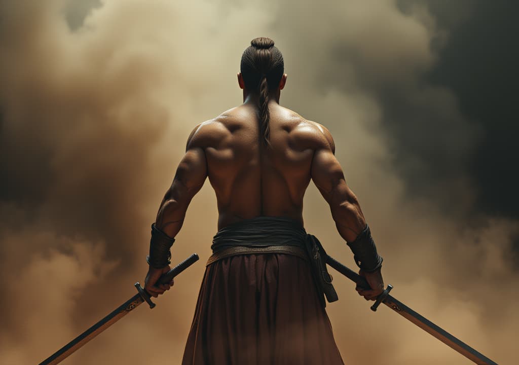  an ancient warrior in open muscular body, holding swords in both hands, depicted from the back view in a smoke filled environment., high quality, high details, hd, perfect composition, 4k epic detailed, highly detailed, sharp focus, high resolution