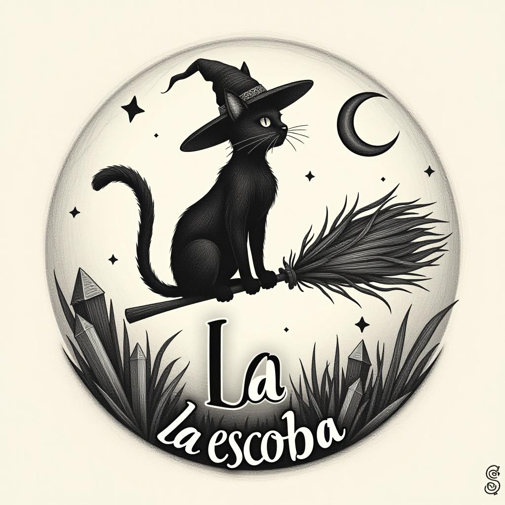  design a logo, in a pencil style. witchy, cat silhouette on broom, crystals, moon , with the text 'la escoba '.