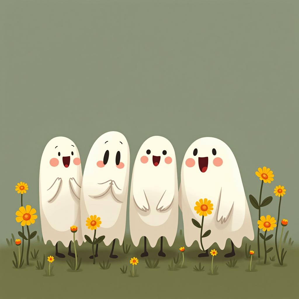  create a digital illustration featuring a row of three to five cute, cartoonish ghost characters, each with a different appearance, standing in different positions within sparse, life like wildflowers.