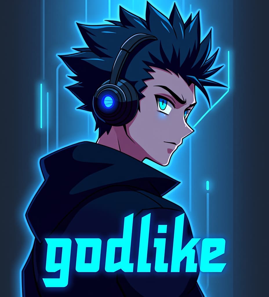  good quality, high quality, anime style profile picture design of a handsome boy with sharp, angular features, dark spiky hair, and glowing blue eyes, wearing a futuristic headset and sleek black outfit. the word "godlike" is in bold, stylized font with neon blue accents, in front of a digital design backdrop.